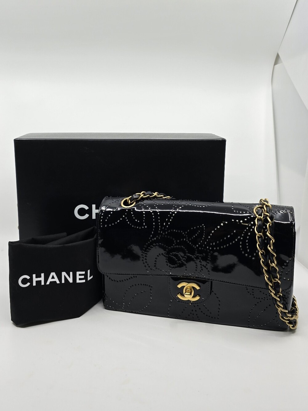 Chanel Vintage (03-04) Classic Medium Camellia Patent Perforated Single Flap Bag